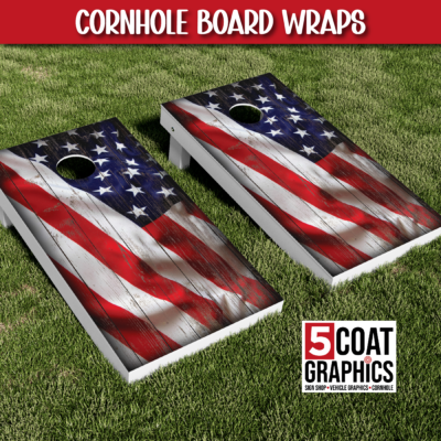 Waving, US Flag, Wood Texture - Cornhole Wraps